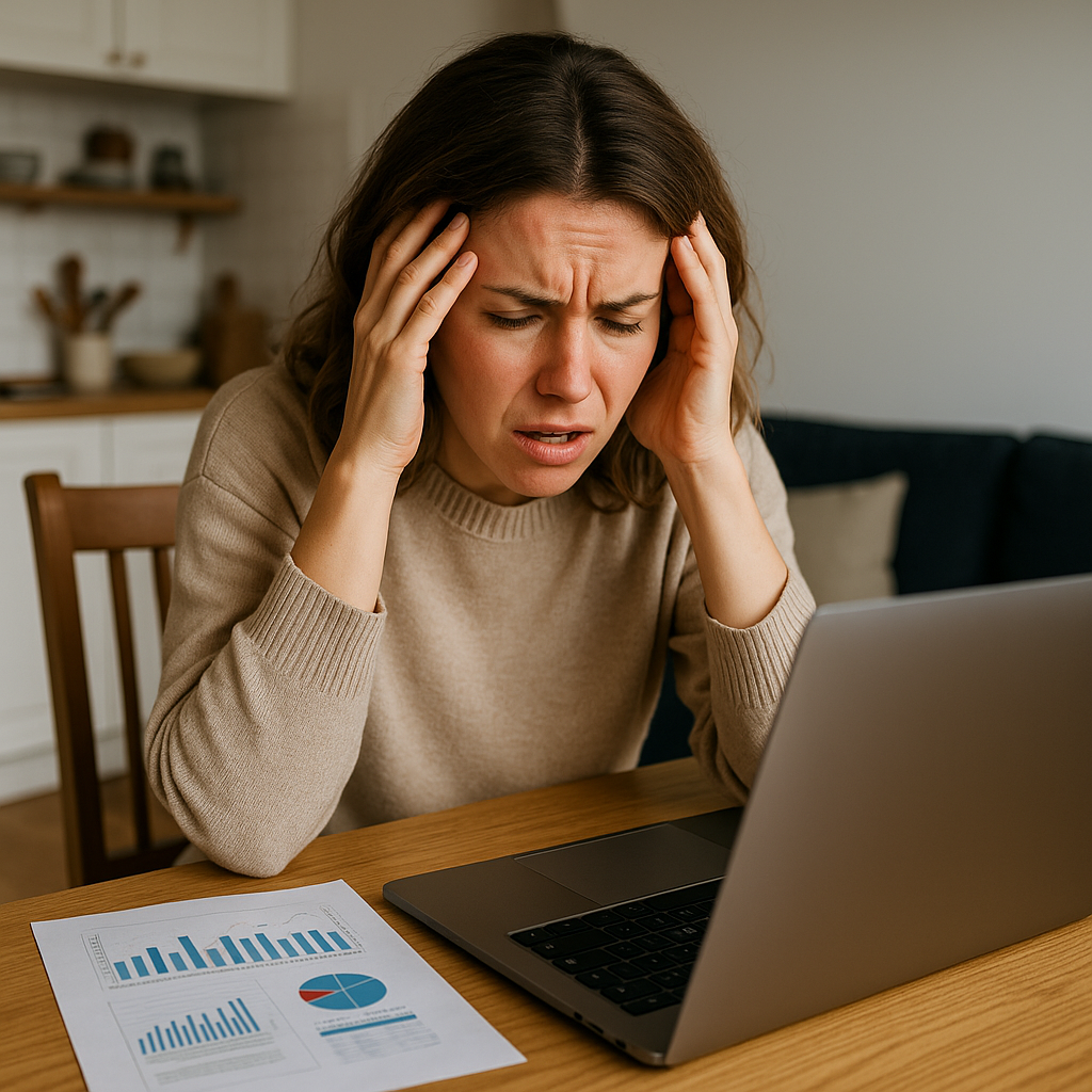 Frustrated marketplace seller looking at laptop