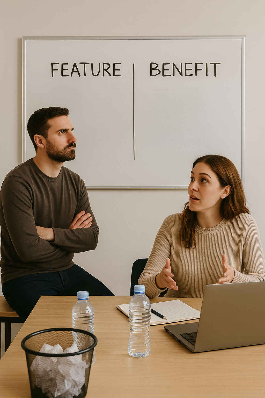 Small business owners discussing features and benefits on a whiteboard