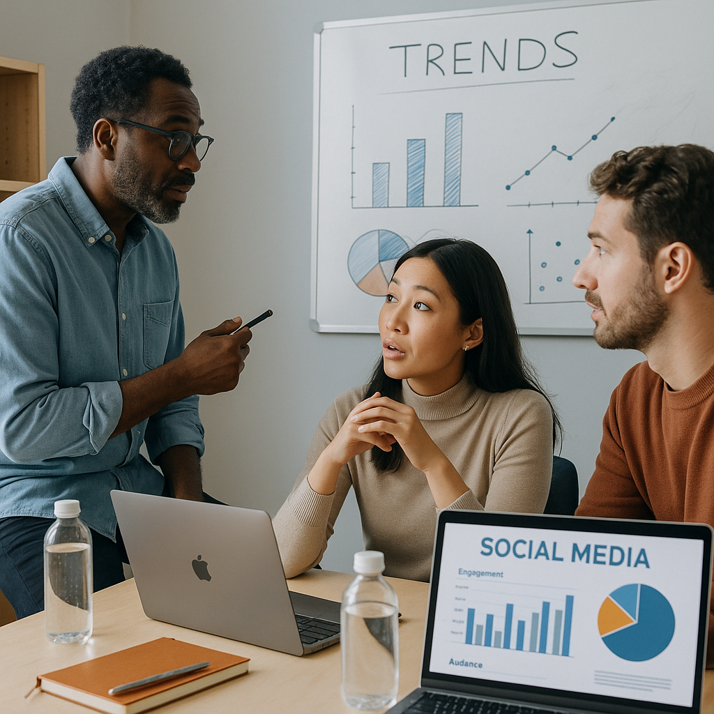 Marketing team analyzing social media trends and audience insights