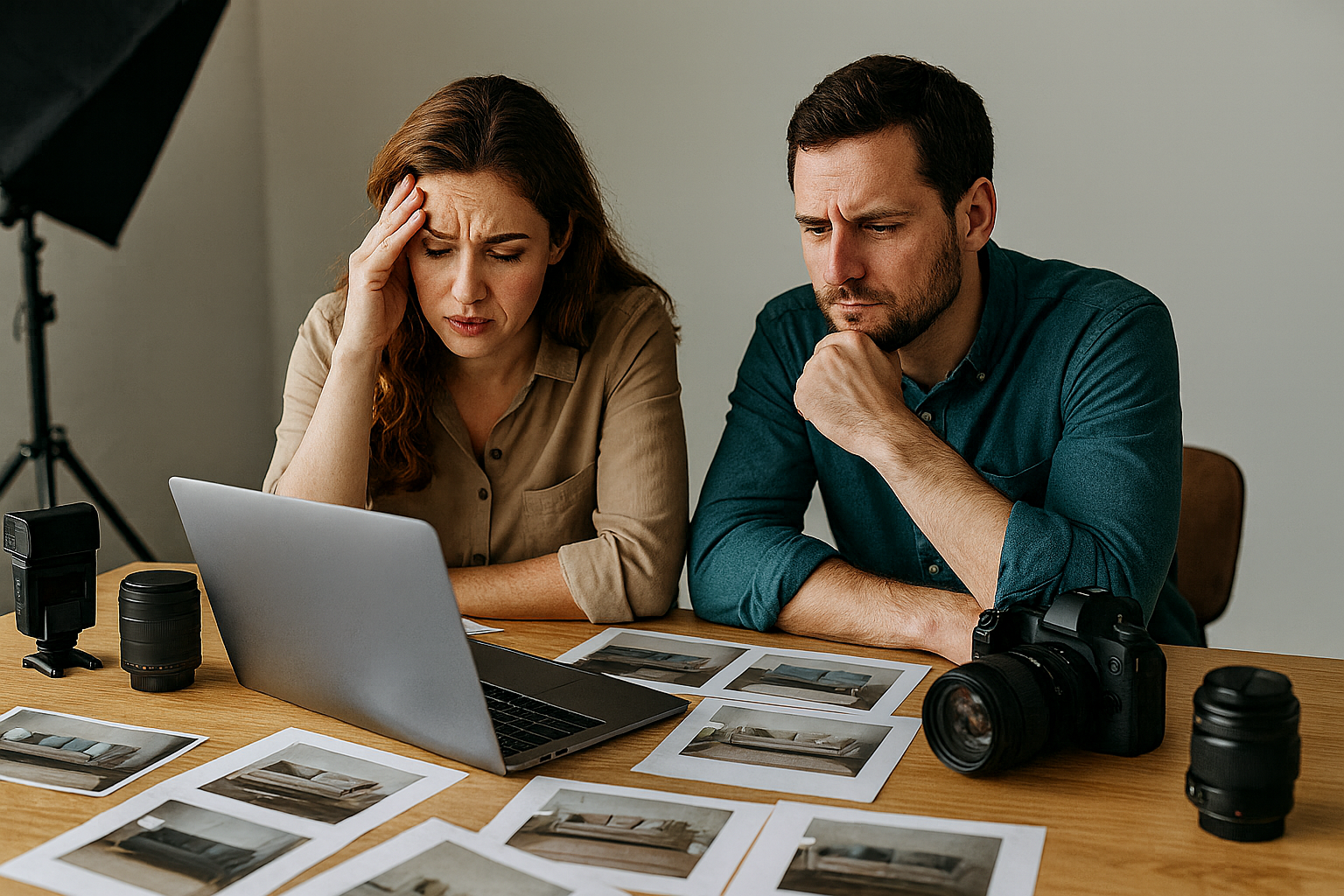 Small business owners reviewing furniture product images and creative assets at a cluttered workspace
