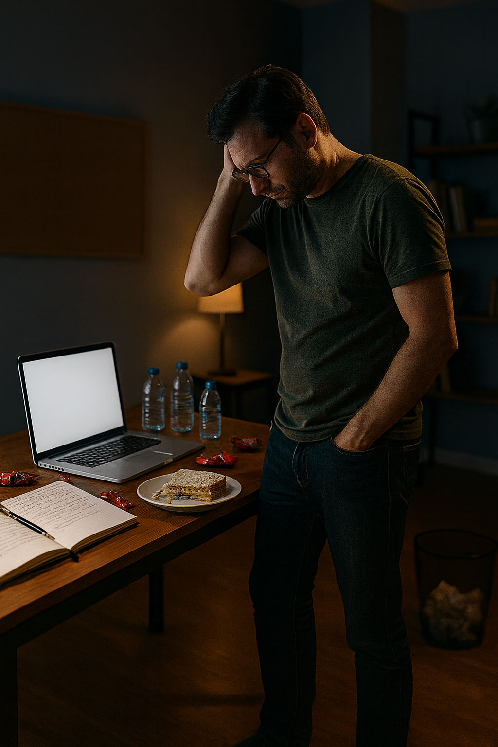 Frustrated creator experiencing writer's block while working at a desk